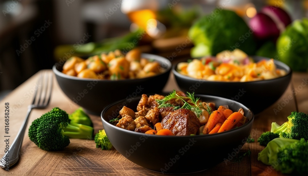 Three bowls hold various foods on a wooden table, with broccoli and carrots nearby. A fork rests nearby, hinting at either a restaurant or a cozy home dining scene.