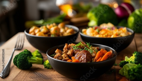 Three bowls hold various foods on a wooden table, with broccoli and carrots nearby. A fork rests nearby, hinting at either a restaurant or a cozy home dining scene.