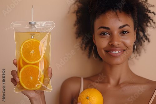 A radiant 30-year-old woman without makeup is smiling and holding an IV vitamin bag with orange slices against a beige background, promoting IV drip therapy for health and vitality photo