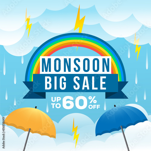 gradient monsoon big sale illustration with clouds and umbrella