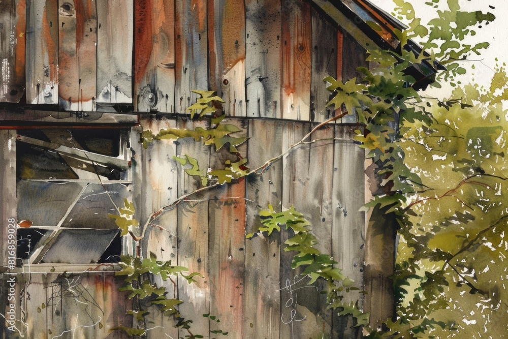 An eerie painting of a barn with a broken window, suitable for spooky themes