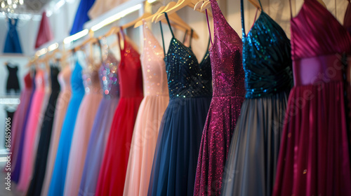 Elegant dresses for sale in luxury modern shop boutique, Prom gown, evening, bridesmaid dresses dress details. Dress rental for various occasions and events, generative ai