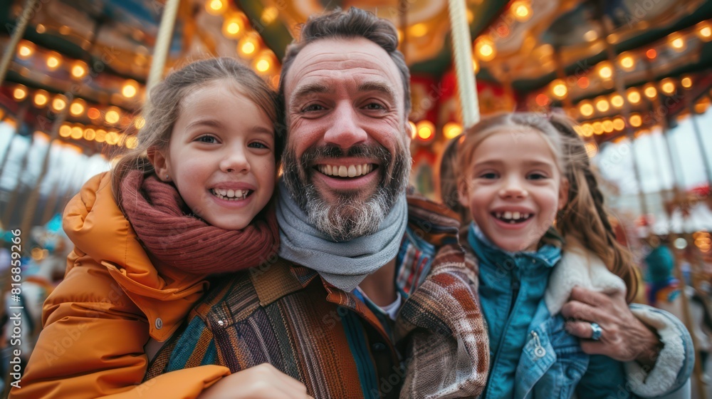 Happy children and family in amusement park at carousel Happy children and family in amusement park at carousel