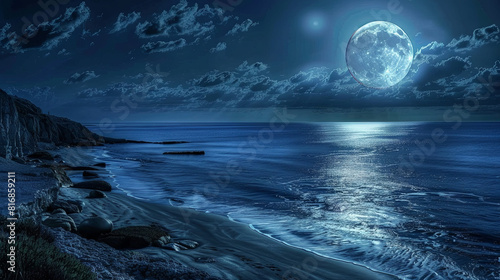 Beautiful landscape on the sea with a big moon that illuminates