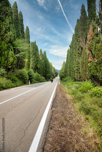 Tuscany, Italy. Asphalt line in nature, panoramic road to travel destination