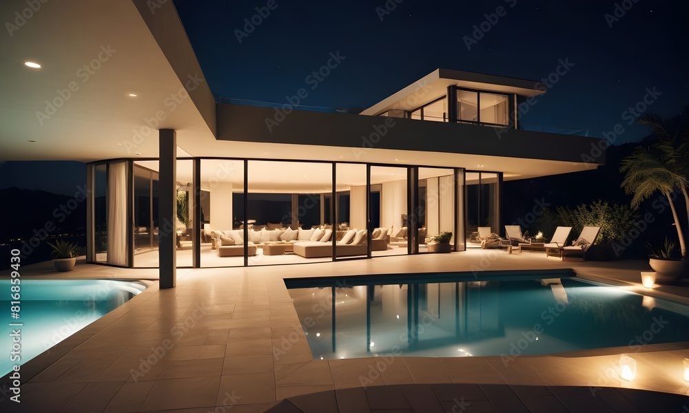 A modern luxury villa with a swimming pool and outdoor lounge area at night. The villa has a unique architectural design with large windows. The outdoor area features comfortable lounge chairs with A modern luxury villa with a swimming pool and outdoor lounge area at night. The villa has a unique architectural design with large windows. The outdoor area features comfortable lounge chairs with