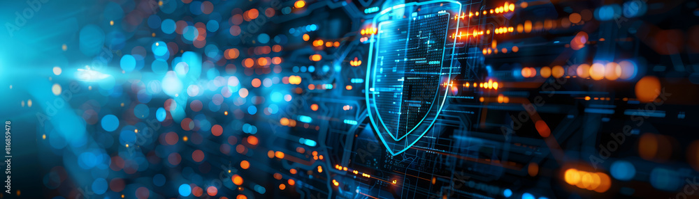 A close-up of a cybersecurity chip with a shield emblem glowing on a detailed circuit board with illuminated connections. A close-up of a cybersecurity chip with a shield emblem glowing on a detailed circuit board with illuminated connections.