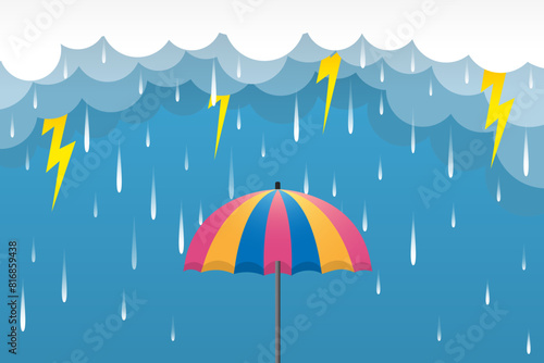 gradient clouds with falling rain with umbrella illustration