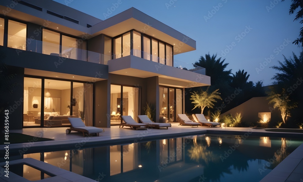 A modern luxury villa with a swimming pool and outdoor lounge area at night. The villa has a unique architectural design with large windows. The outdoor area features comfortable lounge chairs with A modern luxury villa with a swimming pool and outdoor lounge area at night. The villa has a unique architectural design with large windows. The outdoor area features comfortable lounge chairs with