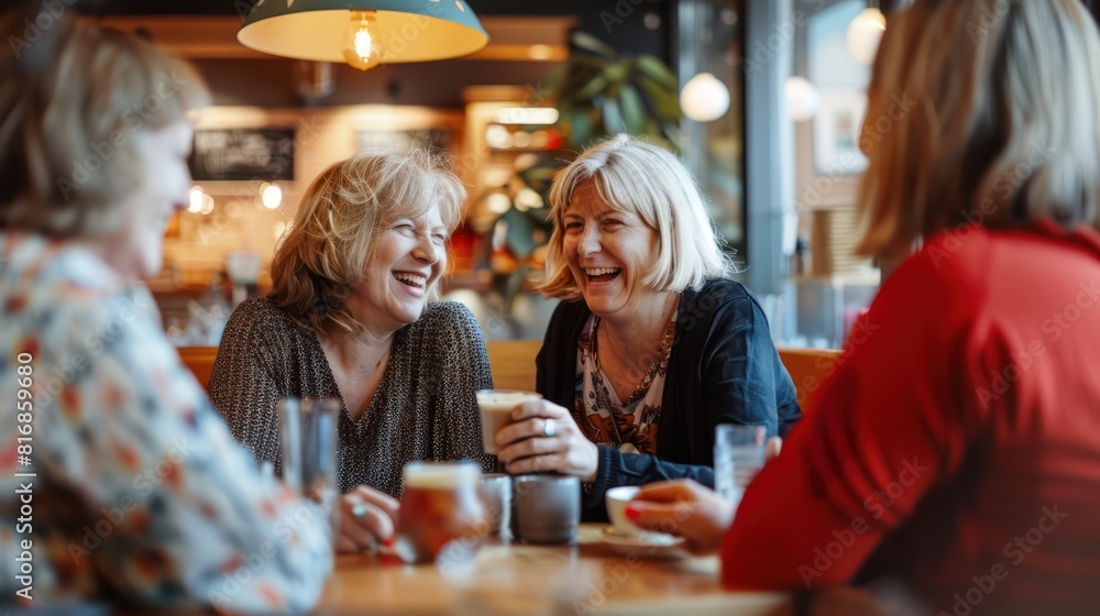A group of middle-aged women laughed and chatted happily in a coffee shop. lunch break