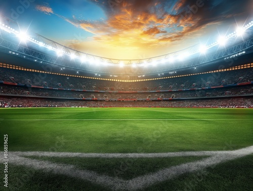 A vibrant football stadium filled with spectators, illuminated by bright lights under a stunning sunset sky. The lush green field is ready for an exciting match, capturing the essence of sportsmanship