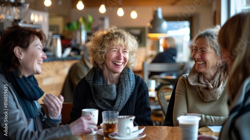 A group of middle-aged women laughed and chatted happily in a coffee shop. lunch break