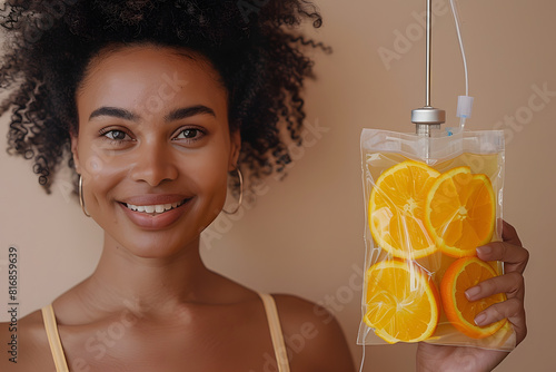 A radiant 30-year-old woman without makeup is smiling and holding an IV vitamin bag with orange slices against a beige background, promoting IV drip therapy for health and vitality photo