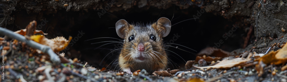 An alert brown rat with shiny eyes peers out from the darkness of its burrow, cautiously scanning its surroundings. An alert brown rat with shiny eyes peers out from the darkness of its burrow, cautiously scanning its surroundings.