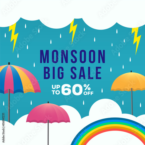 flat monsoon sale banner illustration with clouds, rainbow and umbrella