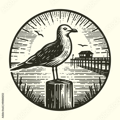 seagull on the pier vintage illustration