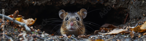 An alert brown rat with shiny eyes peers out from the darkness of its burrow, cautiously scanning its surroundings.