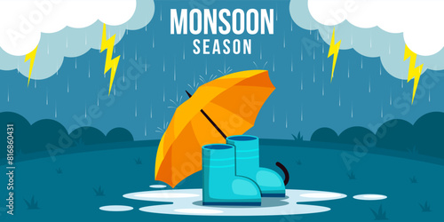 monsoon season landscape with umbrella and boots illustration photo