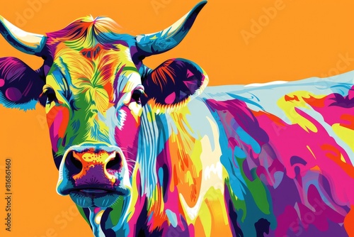 A painting of a cow on an orange background. Suitable for farm or animal themed designs