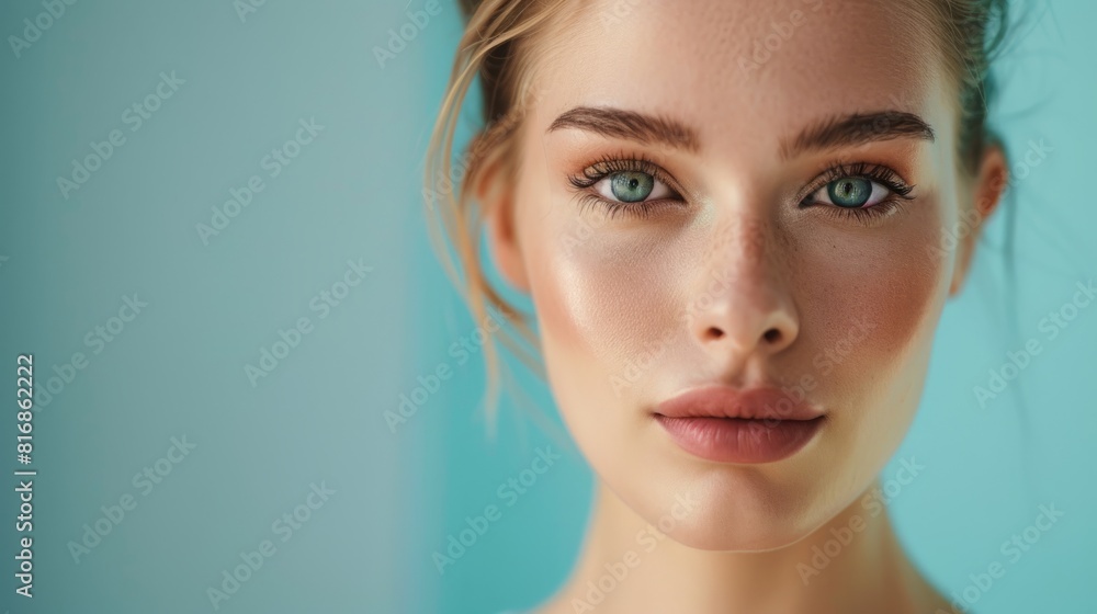 Close-up portrait of woman with beautiful eyes and flawless makeup on turquoise background Close-up portrait of woman with beautiful eyes and flawless makeup on turquoise background