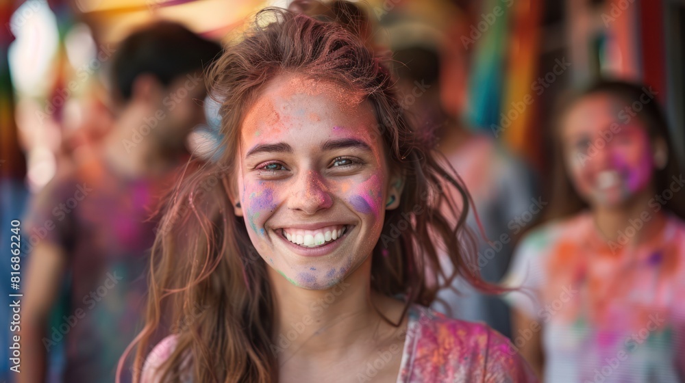 Happy smiling woman with colorful powder on face celebrating Holi festival Happy smiling woman with colorful powder on face celebrating Holi festival