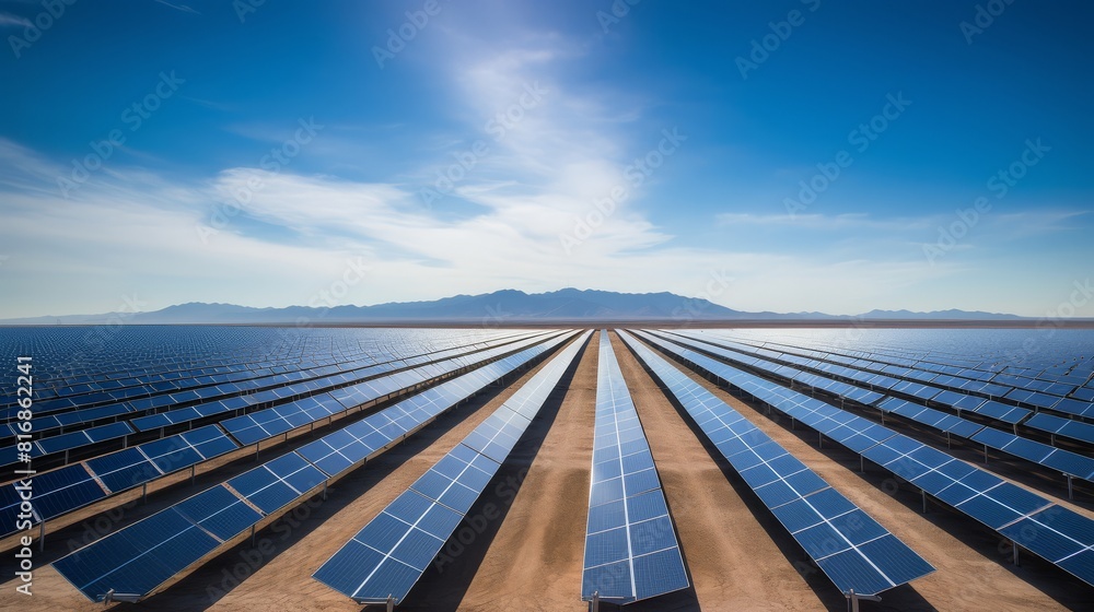Large solar farm producing clean renewable energy under a bright blue sky. Large solar farm producing clean renewable energy under a bright blue sky.