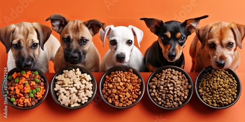Row of hungry dogs with bowls of colorful kibble on orange background