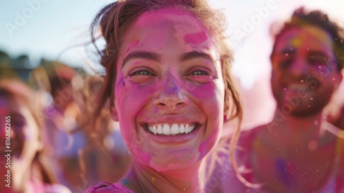 Happy smiling woman with colorful powder on face celebrating Holi festival