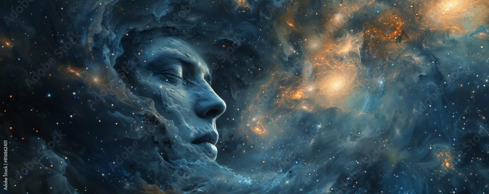 A soldier's face fades into a starry galaxy, reflecting the vastness of their duty and sacrifice A soldier's face fades into a starry galaxy, reflecting the vastness of their duty and sacrifice