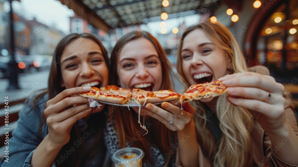 Group of three friends eat pizza and drink beer in a restaurant during their day break. Group of three friends eat pizza and drink beer in a restaurant during their day break.
