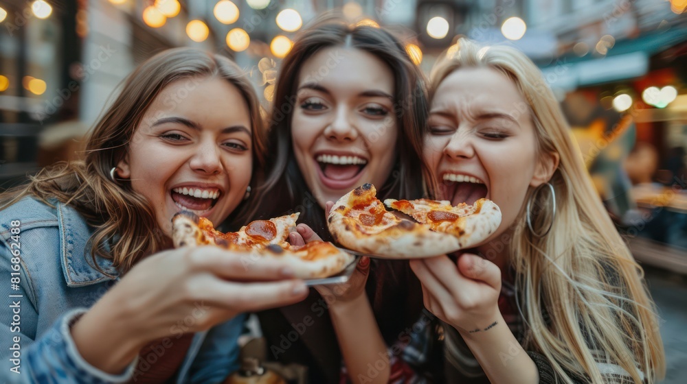 Group of three friends eat pizza and drink beer in a restaurant during their day break. Group of three friends eat pizza and drink beer in a restaurant during their day break.