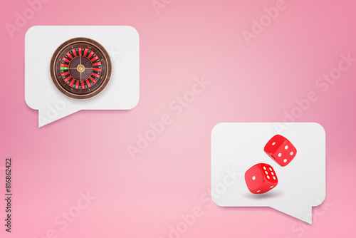 Casino roulette and dice in speech bubbles on pink photo