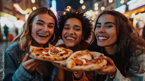 Group of three friends eat pizza and drink beer in a restaurant during their day break.