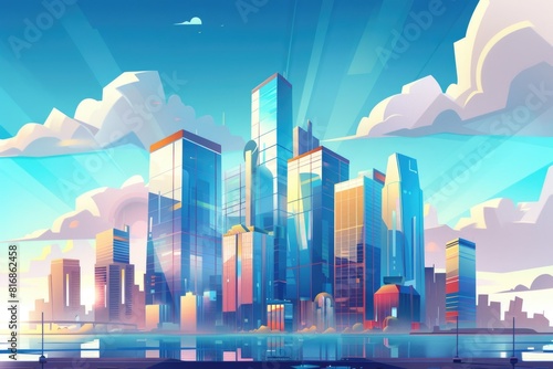 Cartoon city skyline with skyscrapers and clouds. Suitable for urban and architectural themes