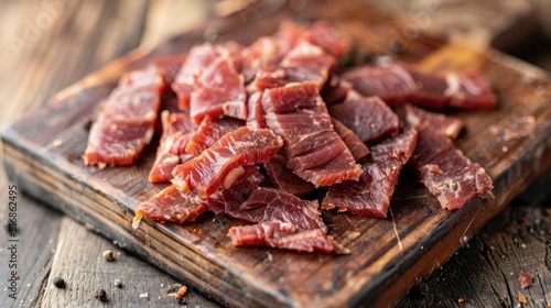 sliced pork jerky chunks on a chopping board