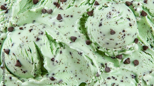 Mint chocolate chip ice cream close-up texture