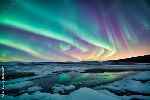 Paisaje frio invernal de un río rodeado de nieve con la aurora boreal y luces del norte en el cielo