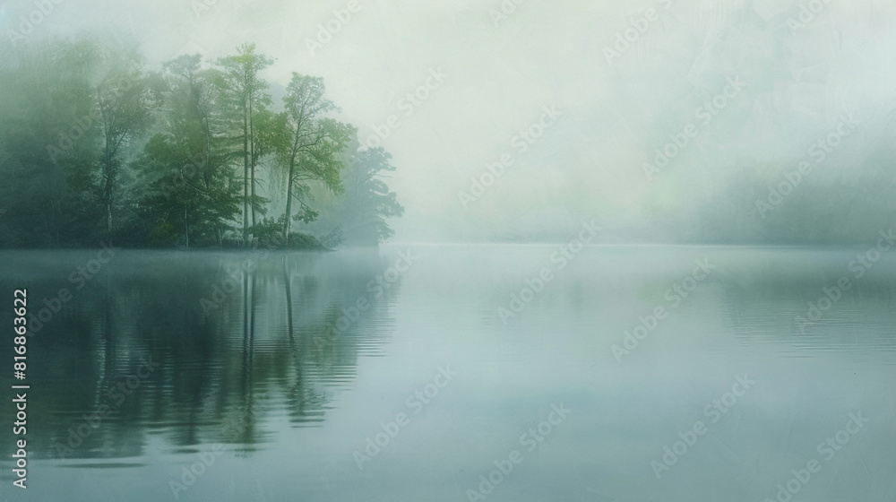 Hazy Lake Reflections A tranquil lake scene with misty waters and reflections of surrounding trees softly blurred creating a sense of calm and serenity in the natural environment.