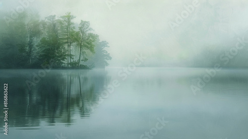 Hazy Lake Reflections A tranquil lake scene with misty waters and reflections of surrounding trees softly blurred creating a sense of calm and serenity in the natural environment.