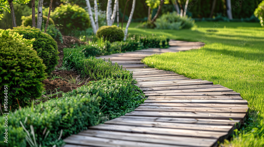 Wooden path in the park or backyard with green lawn, trees and bushes Wooden path in the park or backyard with green lawn, trees and bushes