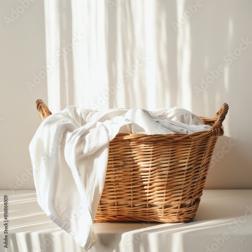 Wicker laundry basket with clothes near light wall, copy space