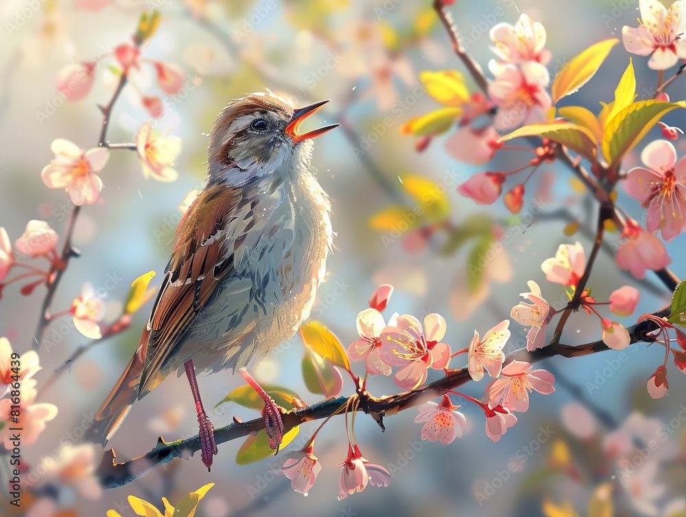A bird singing from the branches of a blossoming tree, filling the air with melodious tunes