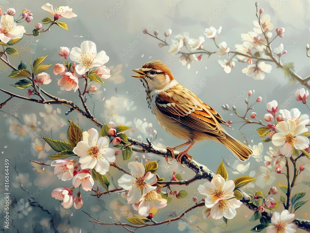 A bird singing from the branches of a blossoming tree, filling the air with melodious tunes A bird singing from the branches of a blossoming tree, filling the air with melodious tunes