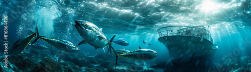 A dynamic underwater scene of a school of tuna fish moving swiftly through the sunlit blue ocean waters. photo