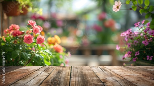 Wooden Table With Flowers in Background