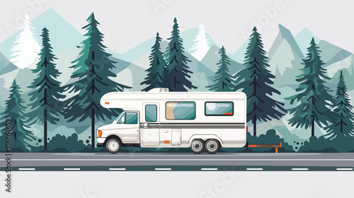 Camper trailer or campervan driving against spruce tr