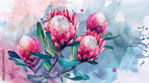 Pink Protea Flowers Watercolor Painting