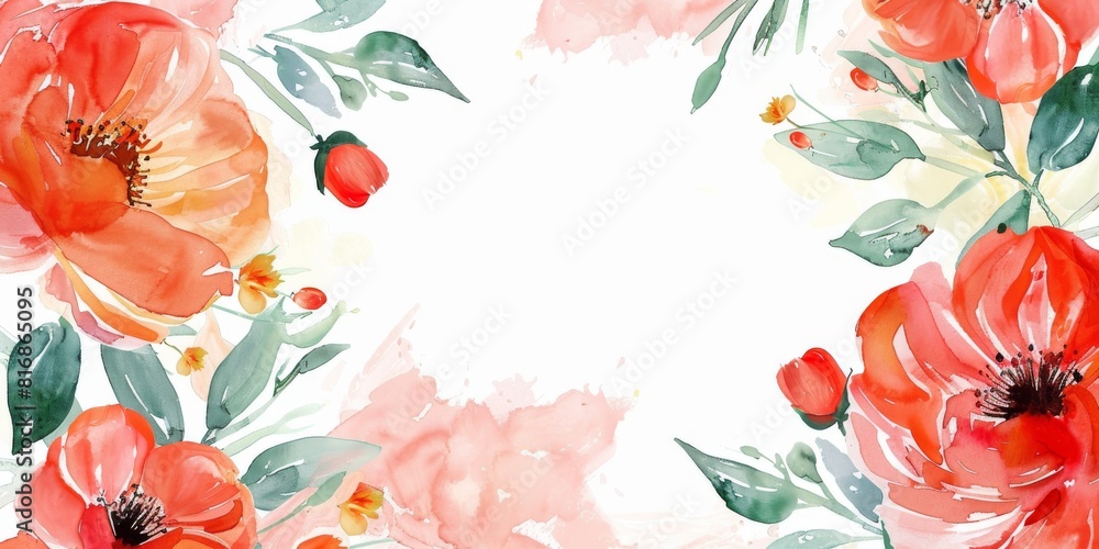 Obraz premium Watercolor Background With Red and Orange Flowers