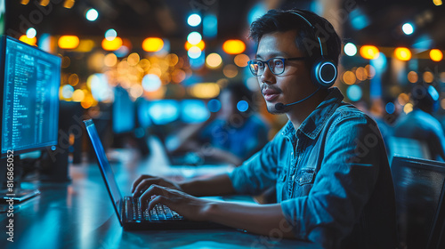 A man wearing a headset is typing on a laptop computer photo