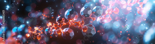 A detailed 3D rendering of a complex molecular structure with colorful atoms connected by bonds, representing scientific molecular research. photo